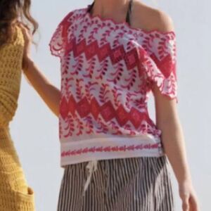 Anthropologie Vanessa Virginia Embroidered White and Pink Cotton Eyelet Top S